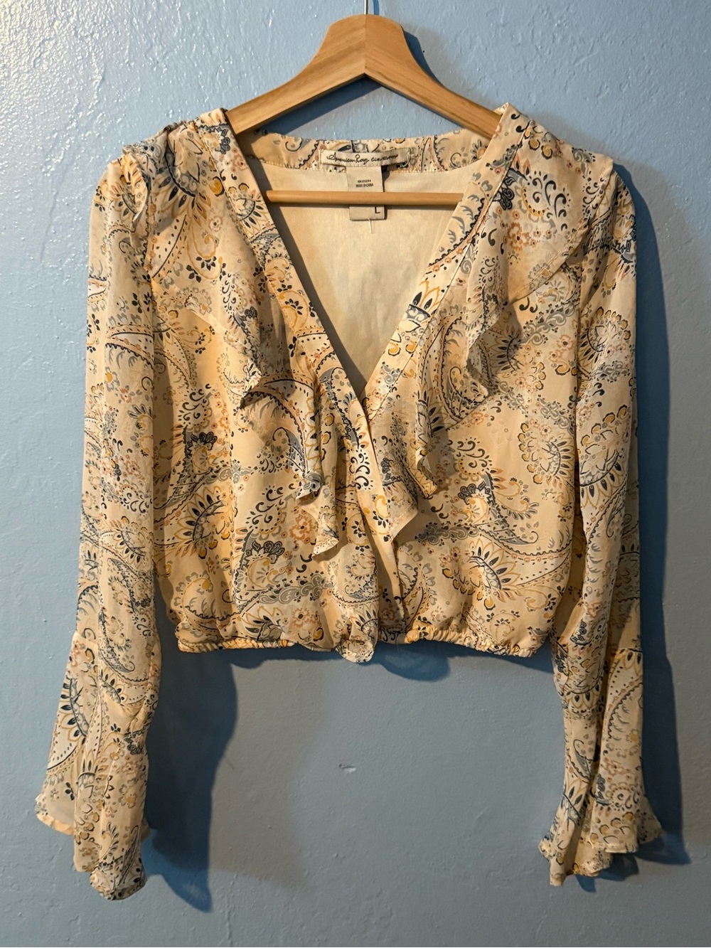 Ruffled Paisley V-Neck Blouse in White, Blue and Light Yellow